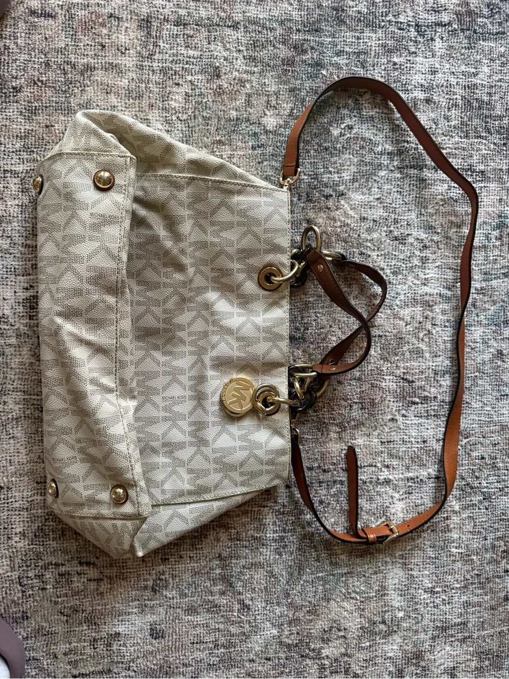 Michael Kors Beige MK Logo Tote with Brown Leather Straps